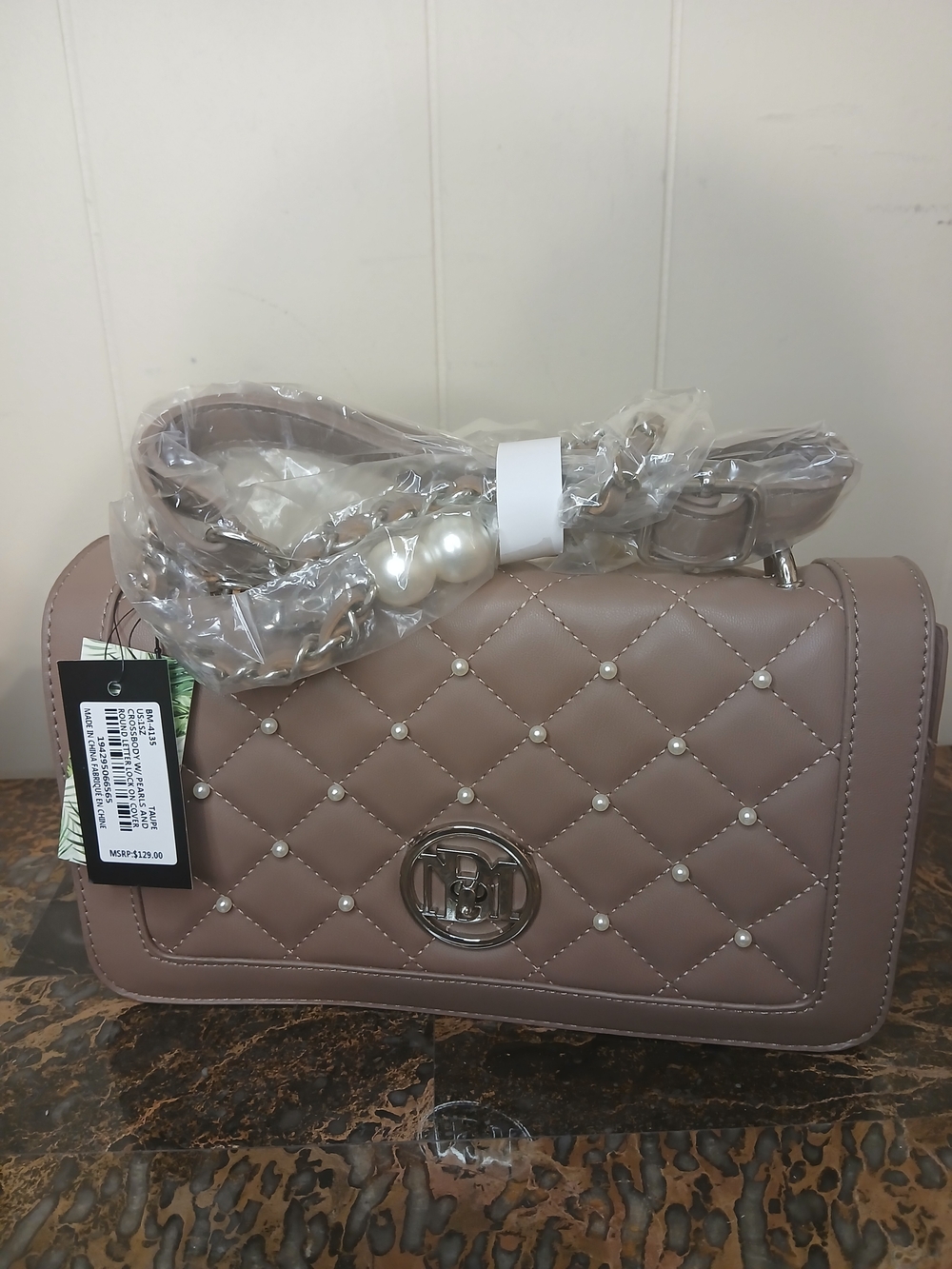 Badgley Mischka Quilted Pearl-Stud Crossbody - Taupe
